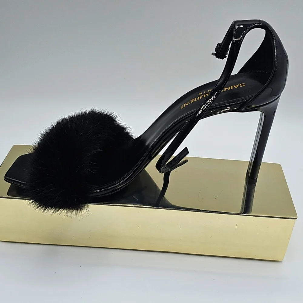 Saint Laurent Black Fur Strap Heels 37 1/2 - Picture 6 of 16